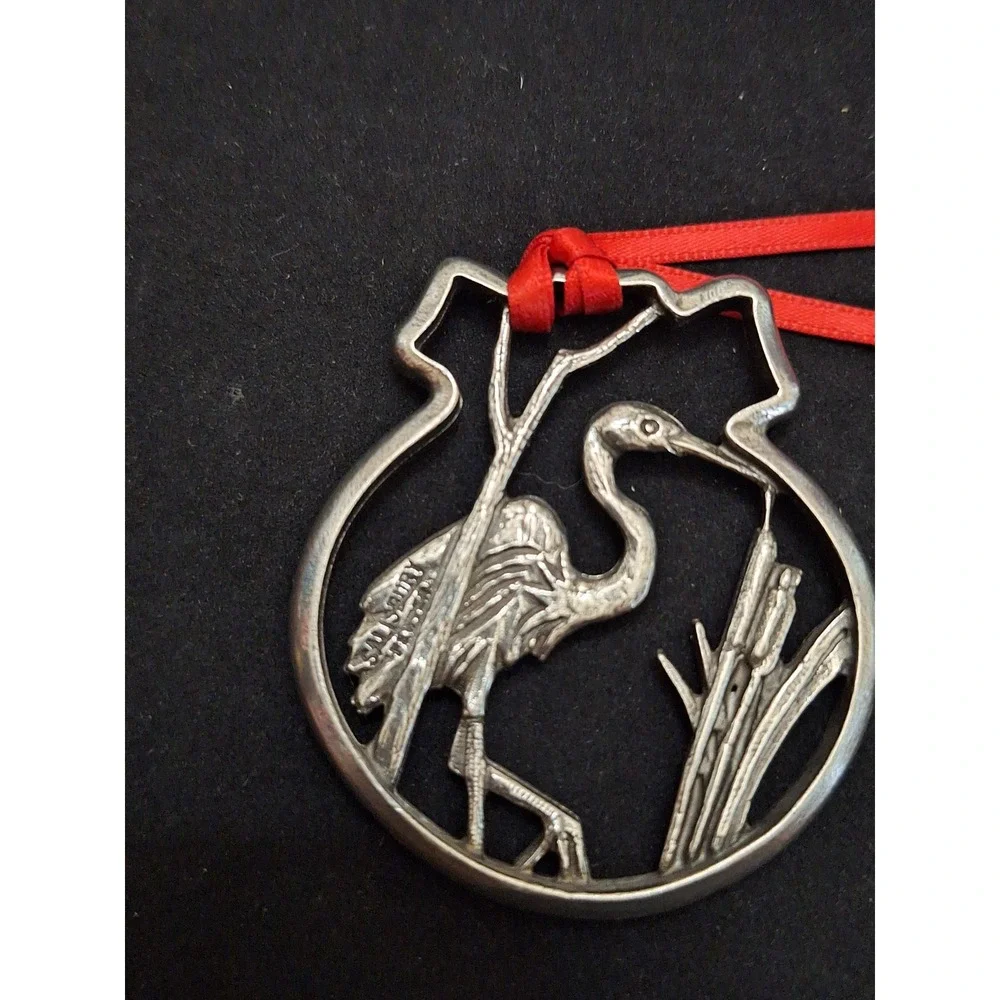 Salisbury Pewter Great Blue Heron Bird Ornament with Red Ribbon Made in USA